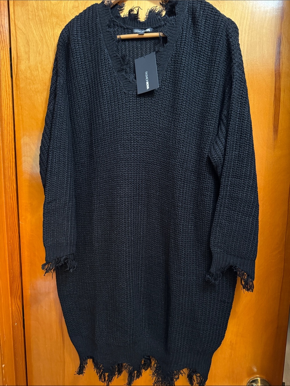 Fashion Nova Black Distressed V-Neck Oversized Sweater Dress